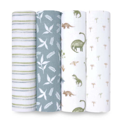 aden + anais, Cotton Muslin Swaddle Blanket, Dino Jungle, Blue, Boys, Infants, 4-Pk