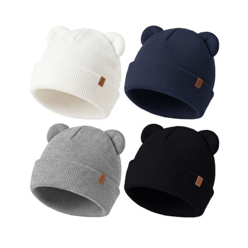 Konssy 4 Pack Baby Beanie with Bear Ear Warm Winter Hat for Newborn Infant | Cozy Double-Layer Knitted Warm Cap, Extra-Soft Stretch Beanies, Multicolor Set, Baby Winter Hat for Boys and Girls 0-6 Months