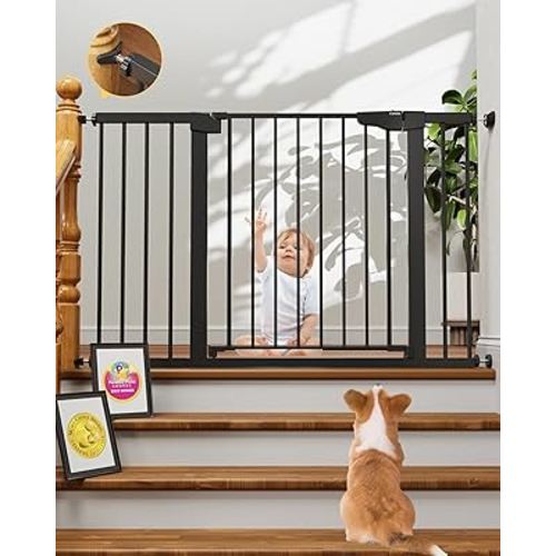 Cumbor 29.7-48" Baby Gate for Stairs, Mom's Choice Awards Winner-Dog Gate for Doorways, Auto Close Safety Pet Gate for Dogs Indoor, Easy Install Pressure Mounted Child Gate with Walk Thru Door, Black