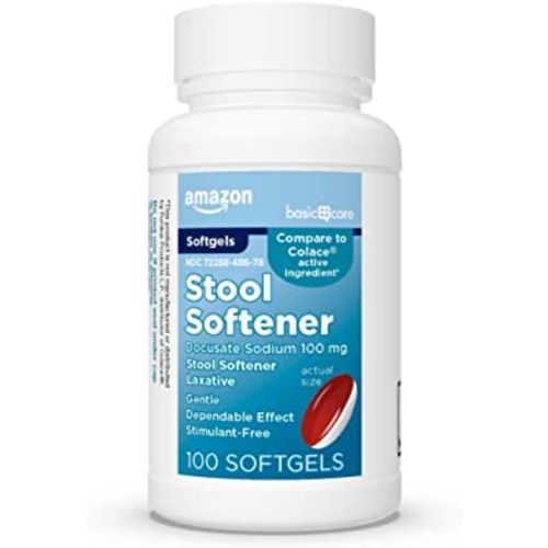Amazon Basic Care Stool Softener Laxative, Docusate Sodium 100 mg, Softgels, For Constipation Relief, 100 Count