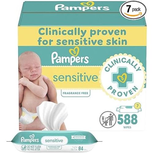 Pampers Baby Wipes Sensitive, Water Based Wipes, Hypoallergenic and Unscented for Babies, 588 Wipes Total (7 Refill Packs)