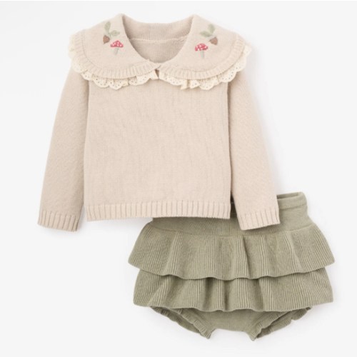 Mushroom Embroidered Collar Sweater + Skirt Set