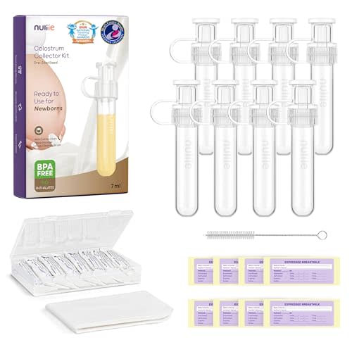 Nuliie Colostrum Collector Kit 7ml/8pcs, Leakproof, Reusable Breast Milk Collector, Heat & Freezer Resistant, BPA-Free, With Cotton Cloth Wipe, Storage Case, Cleaning Brush - Ready-to-Use for Newborns