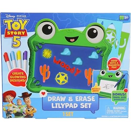 Disney Pixar Toy Story 5 Draw & Erase Lilypad Set - Frog Dry-Erase Glow Board & Travel Magnetic Pen Board, Create Art, Stencils & Markers, Kids 3+