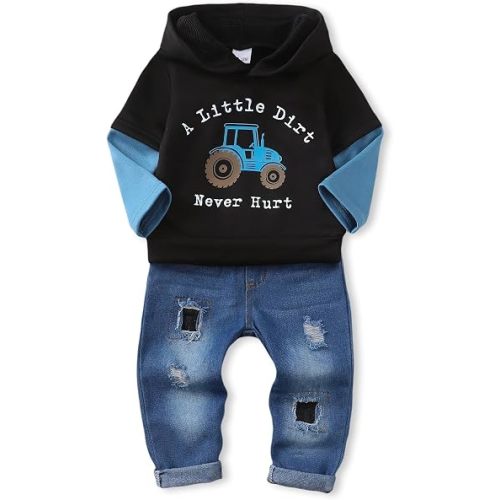 NZRVAWS Baby Boy Clothes Toddler Boy Outfit 2 3 4T 6 12 18 24 Month Fall Winter Hoodie Ripped Jeans Clothing