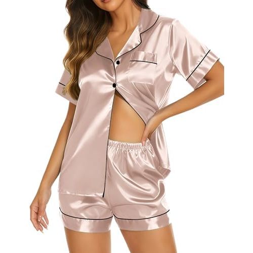 Ekouaer Silk Pajamas for Women Short Sleeve Sleepwear Soft Button Down Loungewear 2 Piece Satin Pjs Shorts Set