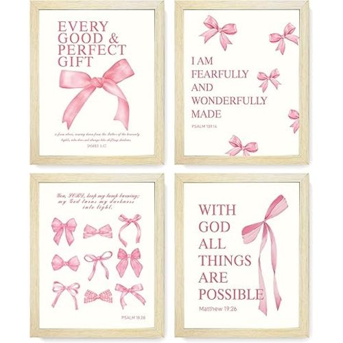 LARTSFRO Coquette Pink Bow Wall Art Decor Posters, Pink Bow Room Bedroom Bathroom Dorm Wall Art Decor Aesthetic for College Teen Girls Gifts, Inspirational Bible Verses Bow Wall Decor, 10x8 Inch Set of 4 Pcs Bow Pictures (WOOD-GRAIN FRAMED)