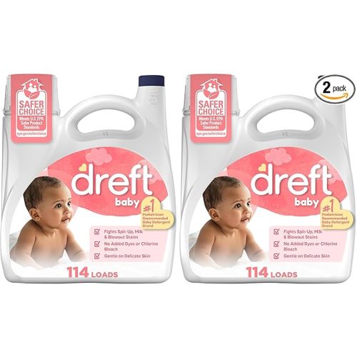 Dreft Stage 1 Newborn Baby Liquid Laundry Detergent,Gentle on Sensitive Skin,HE Compatible,114 loads,(Pack of 2)