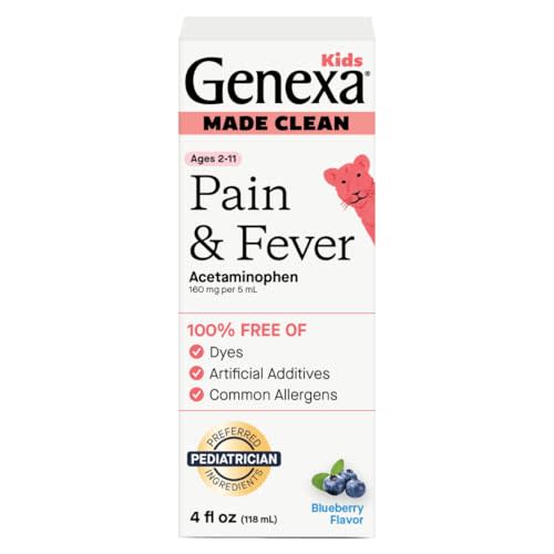 Genexa Children's Clean Acetaminophen | Pain & Fever Reducer for Kids | Kids Medicine, Dye Free Acetaminophen, 0% Artificial Additives | Ages 2-11, Delicious Organic Blueberry Liquid, 4 fl oz