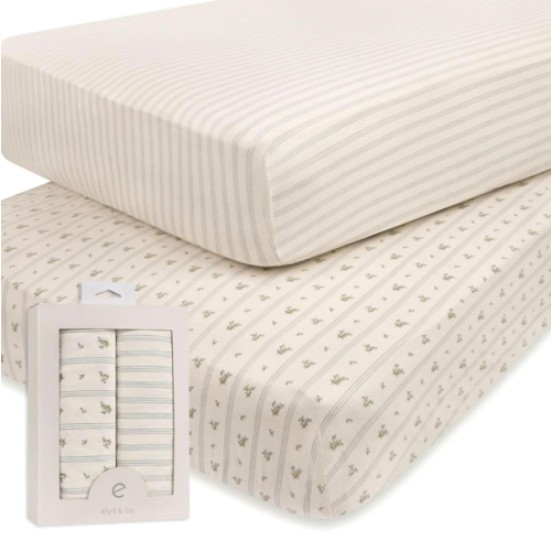 Ely's & Co. Crib Sheets, Baby Boy Fitted Crib Mattress Sheet Set, 2 Pack, 100% Jersey Knit Cotton, Infant and Toddler Nursery Bedding, 28” x 52” Blue Linear Berry Leaf Collection