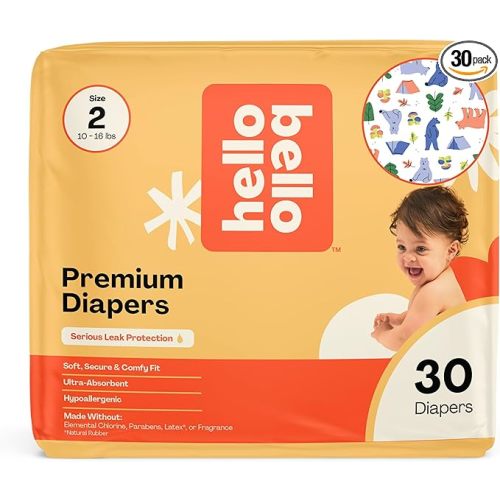 Hello Bello Premium Diapers Size 2 (10-16 lbs), Happy Camper Designs, 30ct Jumbo Pack