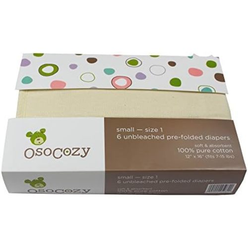 OsoCozy Prefolds Unbleached Cloth Baby Diapers, Size 1 (7-15 lbs), 6 Pack, Soft, Absorbent and Durable 100% Natural Cotton
