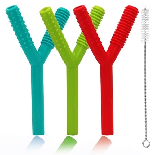 Teether Tubes for Babies 3-6 Months, 3 Pack Silicone Hollow Chew Tube Toy for Autistic Children, Y Shape Chewable Straw Baby Teether Toys for Infants Autism with Teething Nursing Biting Chewing