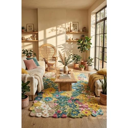 Hand-Tufted Wool and Silk Floral Area Rug - 5x7 Ft, Rectangular Multi-Color Flower Design in Blue, Yellow, Pink & Green, Cotton Backing, Plush Soft Sheen Pile Carpet for Living Room & Bedroom