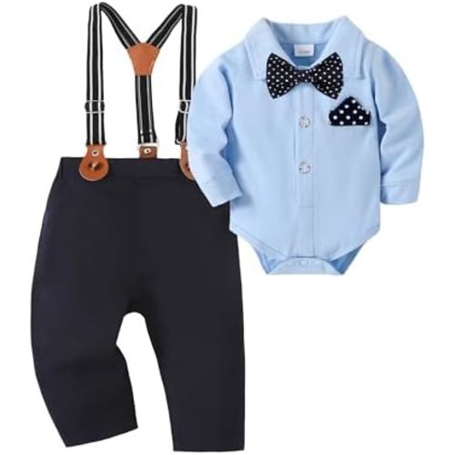 AMAWMW Baby Boy Clothes Suits 0-18M Long Sleeve Dress Shirt Suspender Pants Bowtie Set Gentlemen Wedding Outfit