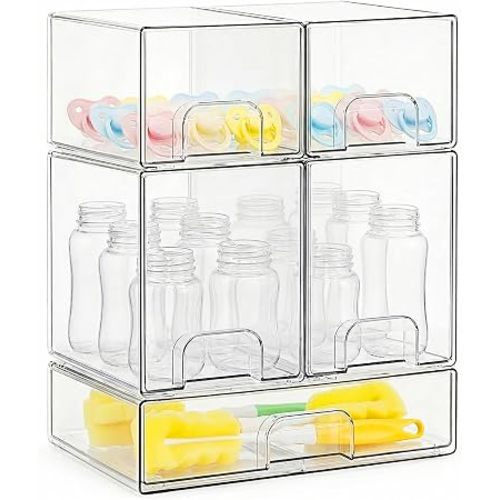 Bottle Storage Organizer Baby, Clear Stackable Storage Drawers Set for Baby Bottle, Beauty Supplies Storage, Ideal for Countertop, Vanity, Bathroom, Cabinet, Pantry Organization, 15.4" H, 5 Pack