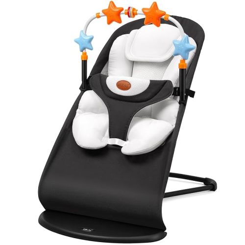 Baby Bouncer Seat Set with Toy Bar & Seat Pad, Portable Infant Rocker Chair for Babies 0-12 Months, 3-Position Adjustable Backrest, Rocking & Stationary Modes
