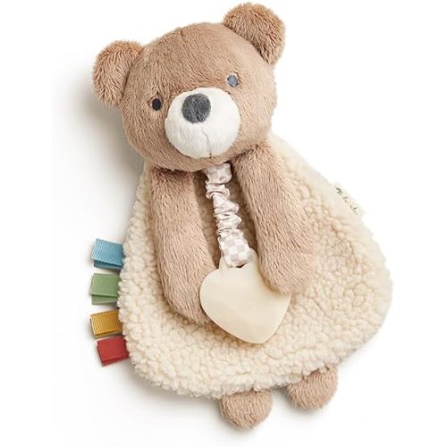 Itzy Ritzy - Itzy Lovey Including Teether - Baby Lovey with Teether, Textured Ribbons & Dangle Arms - Features Crinkle Sound, Sherpa Fabric and Minky Plush (Bear)