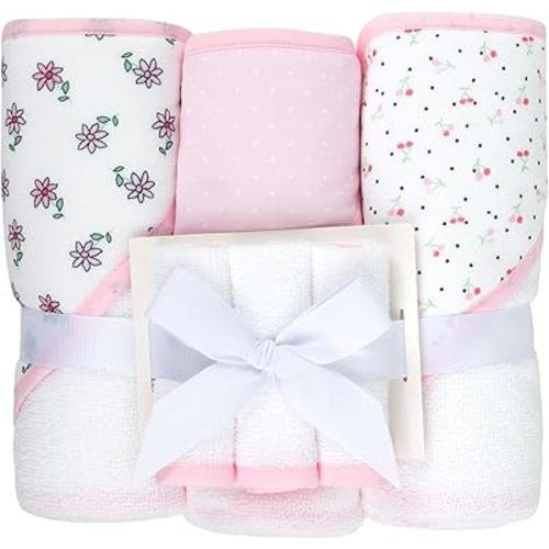 Jessica Simpson Baby 6-Piece Hooded Towel & Washcloth Set – Soft Polyester Bath Towels – Pink Stars & Hearts Design