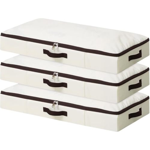 AMJ 3 Pack 4inch Underbed Storage Bins, Under Bed Storage Containers with Zippers for Blanket, Pillows, Comforters & Quilts, Beige