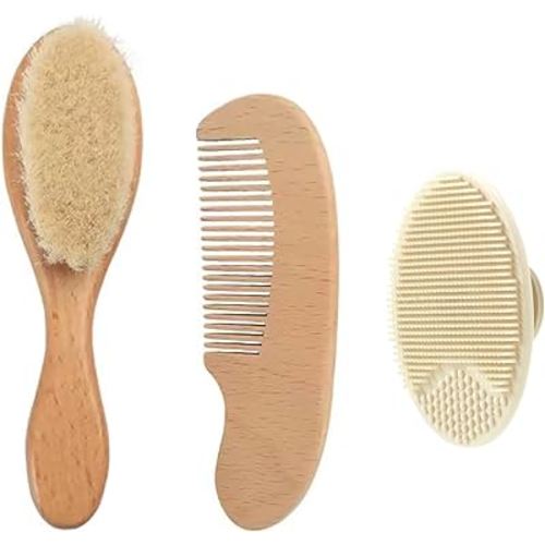 PandaEar 3 Pack Baby Brush and Comb Set Newborn, Silicone Cradle Cap Brush for Babies, Soft Newborn Hair Brush with Soft Goat Bristles, Wooden Toddler Comb Hairbrush Set for Boys and Girls