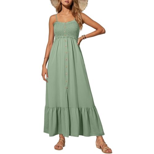 Dokotoo Womens Summer Dresses 2025 Sleeveless Spaghetti Strap Button Down Smocked Beach Vacation Long Maxi Dress with Pockets