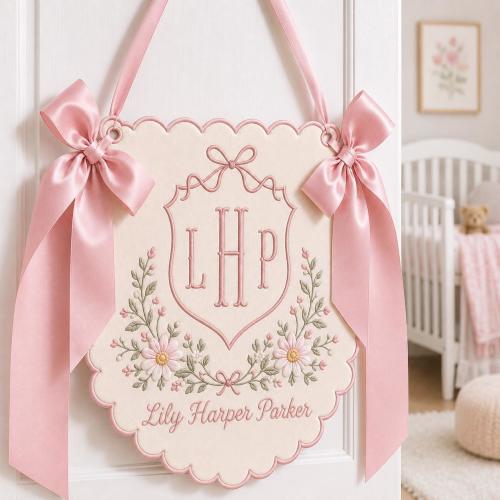 Personalized Baby Girl Hospital Banner, Embroidered Monogram Newborn Name Sign, Hospital Door Baby Announcement, Crib Decor,Baby Shower Gift