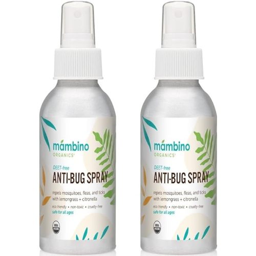 Anti-Bug Spray DEET-Free – Organic, All-Natural Bug Spray Travel Size with Essential Oils – Non-Toxic, Reef Safe, Face-Safe Bug Repellent for Babies, Kids, Adults by Mambino Organics, 4oz 2-Pack