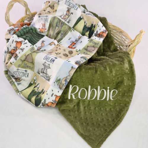 Patchwork Woodland Minky Blanket, Personalized Woodland Minky Baby Blanket