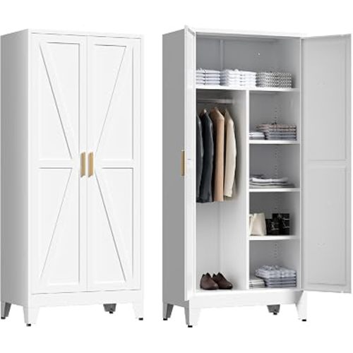 Washsemba 71'' Farmhouse Metal Wardrobe Cabinet with Hanging Rod, 2 Barn Door Wardrobe Closet with 5 Adjustable Shelves,Drawer,for Dining Room,Bedroom,Living Room, Cloak Room,Office (White)