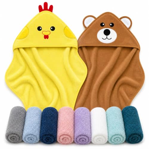 Cute Castle 2 Pack Hooded Baby Towel Rayon Made from Bamboo with 8 Washcloths - Soft Bath Towel for Bathtub for Babie, Newborn, Infant, Natural Baby Stuff Towel (Chicken and Bear)