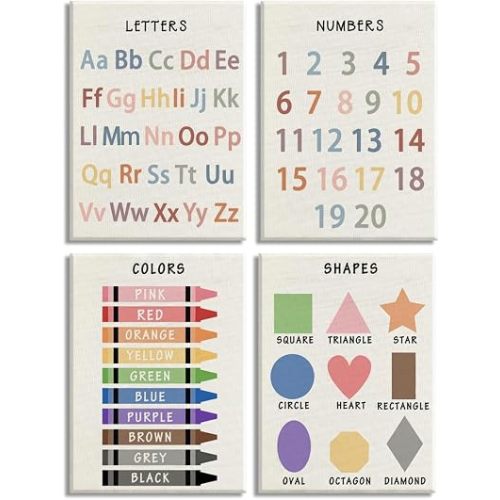 4Pcs Nursery Classroom Canvas Wall Art Educational Preschool Learning Posters Artwork Shapes Colors Numbers Alphabet Painting Pictures Wall Decor for Playroom Home Decoration 8x10in Framed