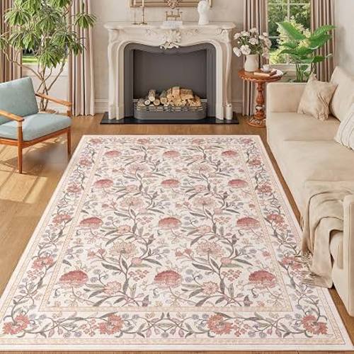Amazon.com: DUKINO 5x7 Area Rug, Vintage Floral Washable Rug for Living Room Beige Pink | Non Slip, Low Pile, Non-Shedding, Stain Resistant Lightweight Boho Soft Carpet for Bedroom Home Office Dining Room Farmhouse