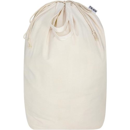Canvas Laundry Bags with Handles & Square Base 13.8"x 13.8", Large Heavy Duty Laundry Basket Hamper Liner, College Dorm Washable Drawstring Cotton Dirty Clothes Bag (Beige,1 Pack)
