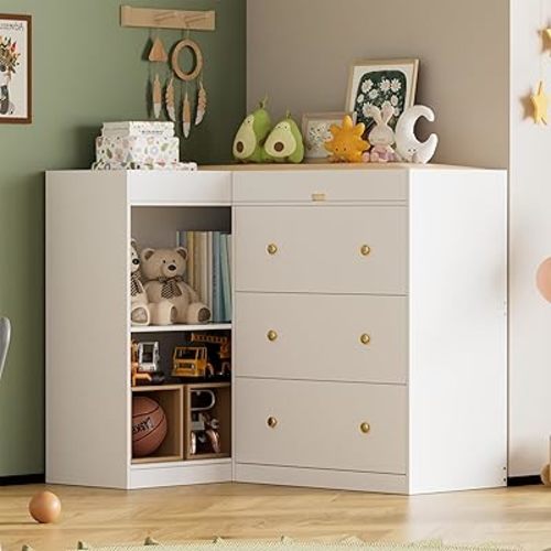 Modern Nursery Changing Table Dresser,Corner Baby Dressing Table with 5 Drawers,2 Open Storage Racks,Multi Functional Diaper Changing Station for Children's Rooms,for The Nursery, White