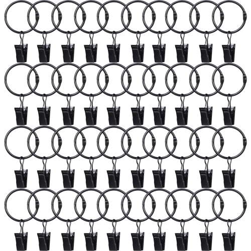 40 Pack Curtain Rings with Clips, Drapery Clips with Rings, Drapes Rings 1.26 in Interior Diameter, Fits up to 1 in Curtain Rod, Black