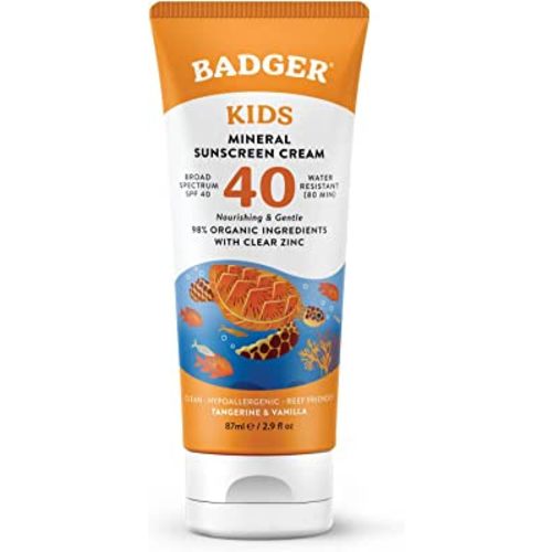 Badger Kids Mineral Sunscreen Cream SPF 40, 98% Organic Ingredients, Zinc Oxide Sunscreen for Kids Face & Body, Water Resistant, Reef Friendly, Hawaii Approved Broad Spectrum Sunblock, 2.9 fl oz