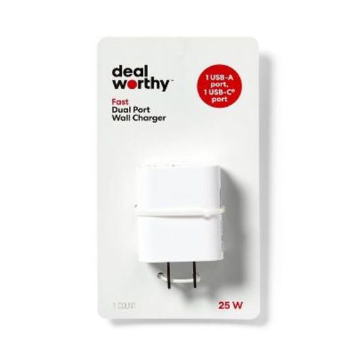 Dual Port 25W USB-A and USB-C Wall Charger - dealworthy™ White: Quick Charge, Surge Protection