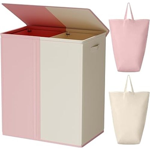 WOWLIVE Double Laundry Baseket with Lid and Removable Laundry Bags,154L Large Laundry Hamper 2 Section Collapsible Dirty Clothes Hamper for Laundry Room,College Dorm,Bathroom,Pink and Beige