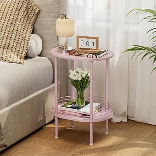 Small Oval Side Table with Storage, 2-Tier Pink End Table for Small Space
