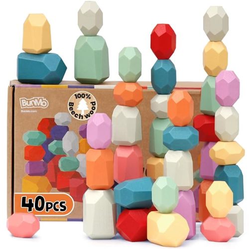 BUNMO Stacking Rocks 40pcs - Safe for Ages 1+ - Montessori Toys for 1 Year Old - Wooden Stacking Blocks for Kids 1+ - Stimulating Creative & Imaginative Play - Sensory Toddler Toys