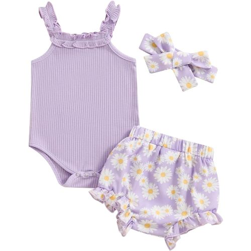 fhutpw Baby Girl Clothes Summer Cute Outfits 3 6 12 18 Months Spaghetti Strap Romper & Floarl Shorts Sets