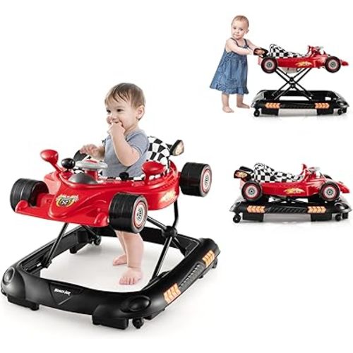 Baby Walker, 4-in-1 Foldable Infant Activity Push Walker, Toddler Car Walker w/Adjustable Heights, Music, Lights, Removable Tray, Baby Walker with Wheels for Boys Girls 7-14 Months (Red)