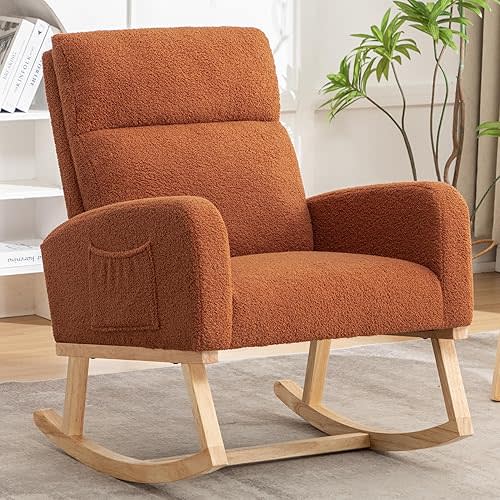 Rocking Chair Nursery, Sherpa Nursing Rocking Chairs, Upholstered Nursery Glider Rocker for Mom Nursery Morden Accent Rocking Chair with Side Pocket for Living Room,Bedroom,Teddy Brown