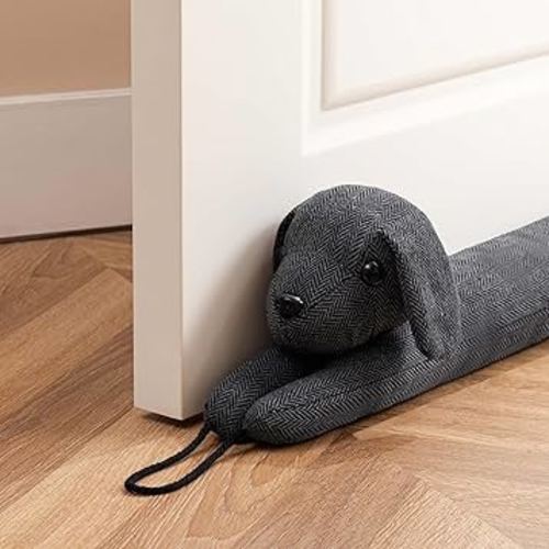 habibee 38'' Door Draft Stopper for Bottom of Door, Avoid Noise or Cold Air, Cute Grey Dog Draft Blocker for Window, Decorative Soundproof with Hanging Loops for Sweet Home, Heavy Duty 2.2 Pounds