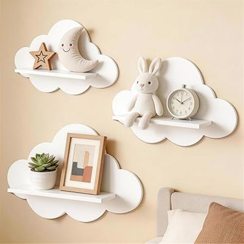 3 Pcs White Cloud Floating Wall Shelves - Wavy Small Hanging Shelves for Bathroom Living Room Bedroom Nursery Home Decor