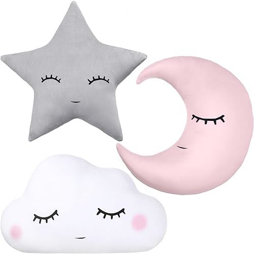 Chunful 3 Pcs Moon Star Cloud Plush Pillows Stuffed Decor Soft Cushions for Bedroom Home Decor(Pink Gray White)