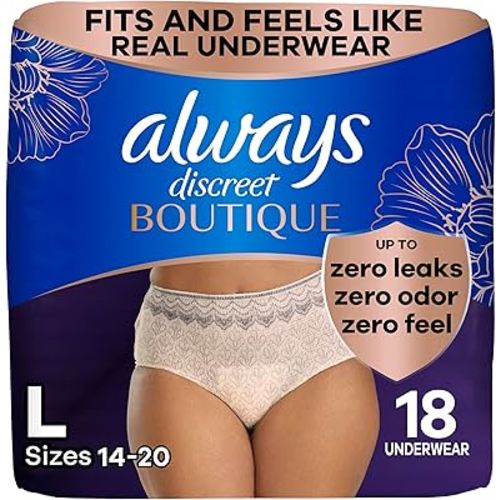 Always Discreet Boutique Incontinence and Postpartum Underwear for Women, Maximum Protection, Large, Rosy, 18 Count