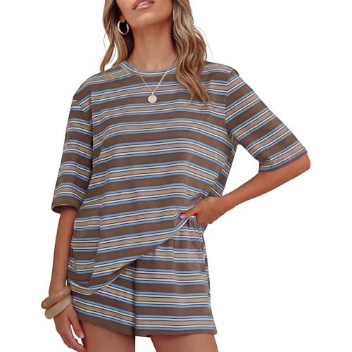 ZESICA Womens Summer 2 Piece Stripe Short Sets Lounge Workout Beach Outfits | Loose Fit, Cotton Blend Shirt & Shorts, Cute Casual & Comfy, Athleisure Airport Travel Vacation Clothes