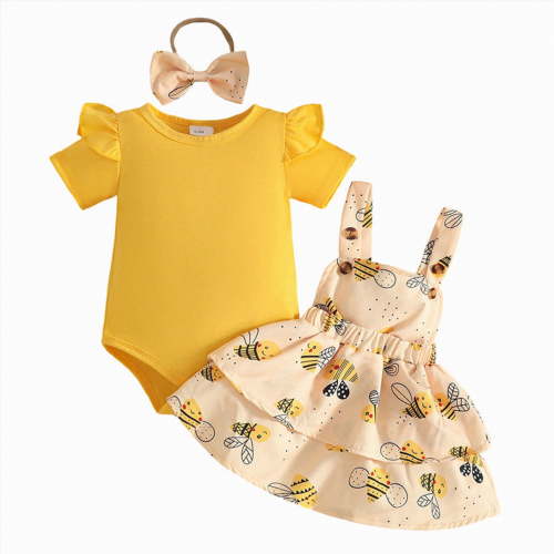 UngA Baby Girl Summer Outfits Short Sleeve Romper Cute Print Overall Dress With Headband Set Newborn Infant Girl Spring Clothes 6-9 Months,Yellow